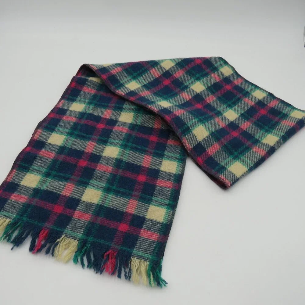 Vintage Woolrich Scarf Blue Red Green Yellow Plaid Wool Made in USA 90s